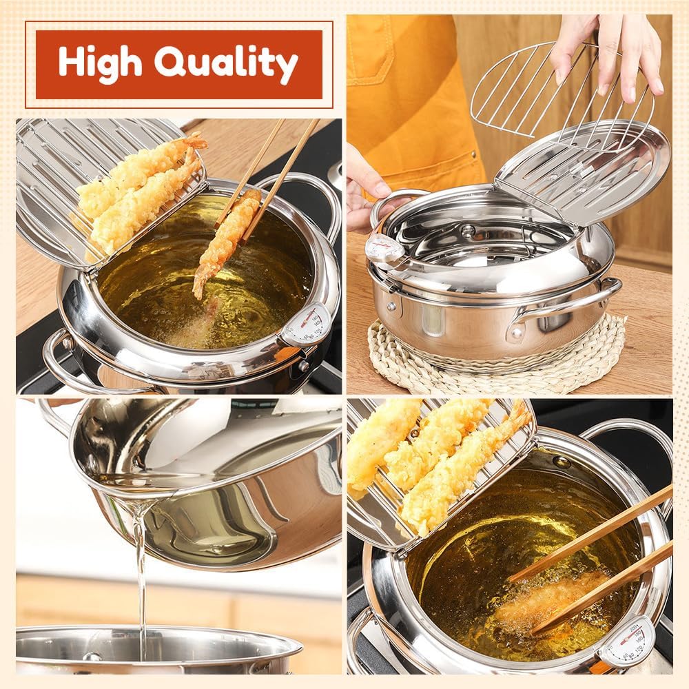 2024 Upgraded Stainless Steel Deep Fryer Pot with Thermometer & Drip Rack - 7.8 Inch Japanese Tempura Fryer for Chicken, Chips & Home Cooking | Perfect for Small Kitchens, Restaurants & Outdoor Camping