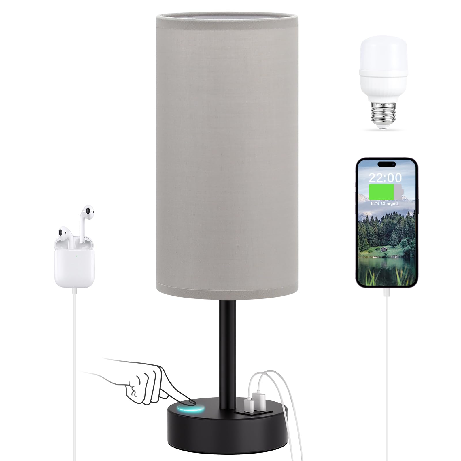 Grey 3-Way Dimmable Touch Bedside Lamp with USB Charging Station - Adjustable Nightstand Table Lamp for Bedroom, Desk, Dorm, Office, Kids Room, Perfect for Reading, Studying, and Relaxing