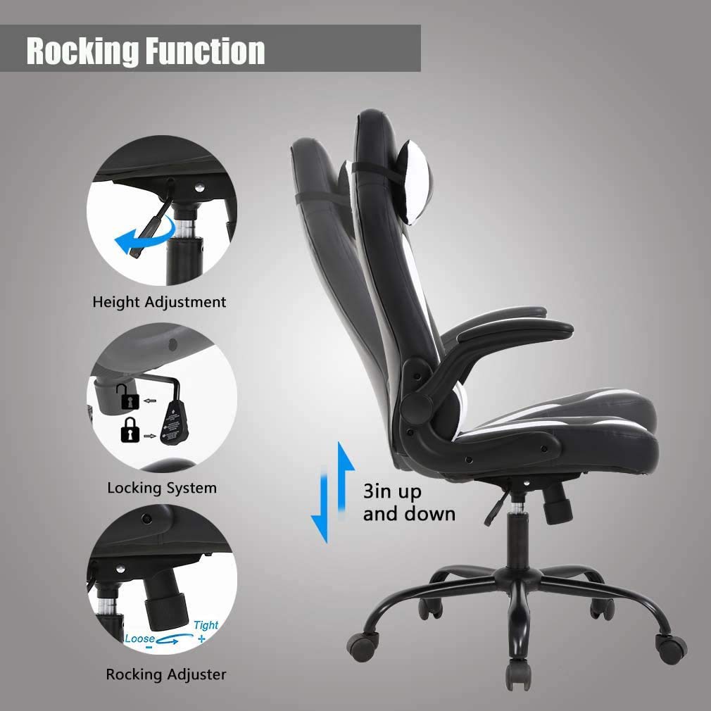 Premium Gaming Chair - Ergonomic Racing Style High Back Office Chair with Lumbar Support & Headrest, PU Leather Executive Swivel Computer Desk Chair for Home & Work (White) - Perfect for Gamers, Streamers & Remote Workers