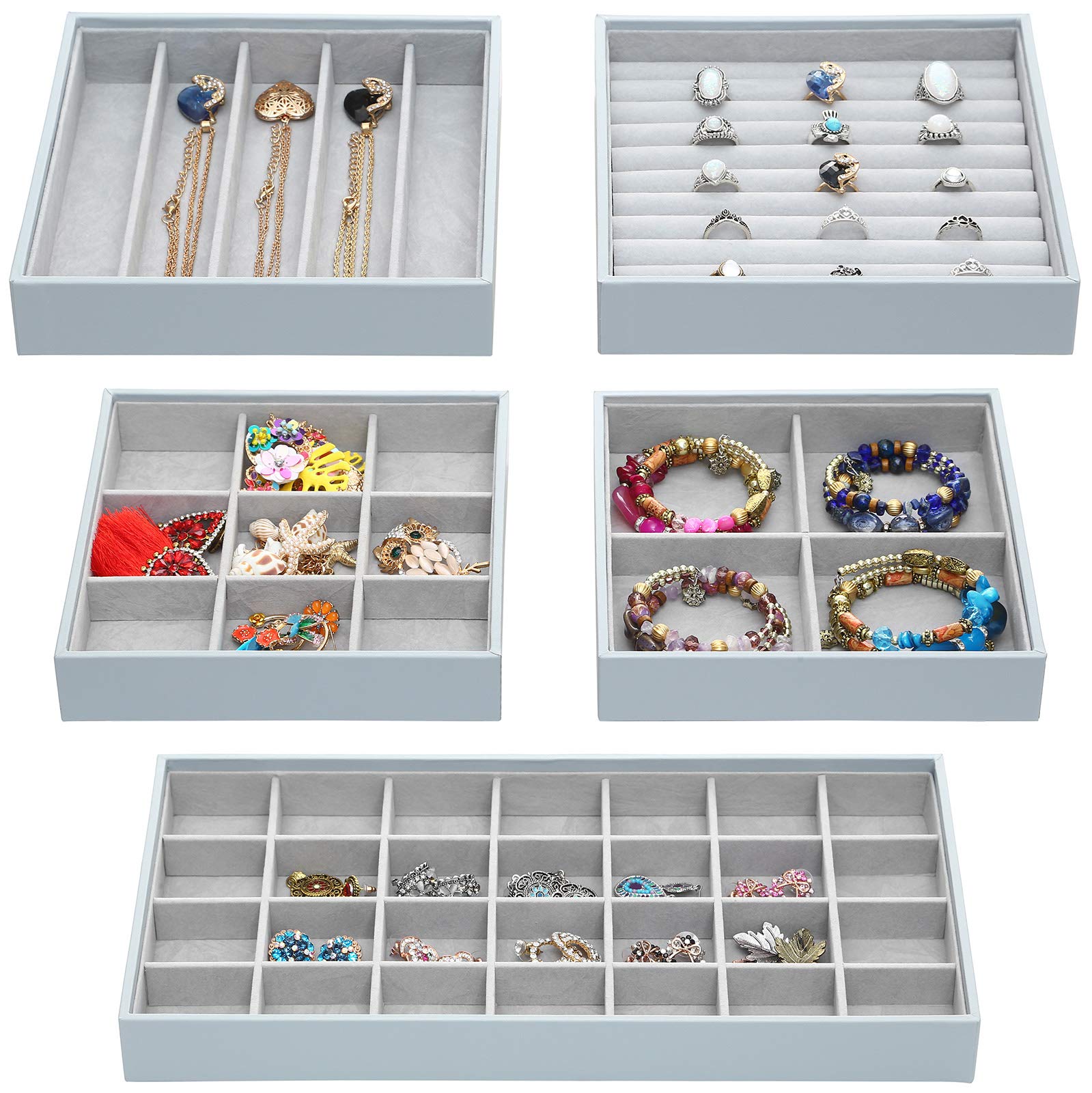 Stackable Jewelry Organizer Trays - 5-Piece Set for Necklaces, Rings, Earrings & Cosmetics | Closet, Dresser & Vanity Drawer Storage | Perfect for Travel, Home & Gift Giving