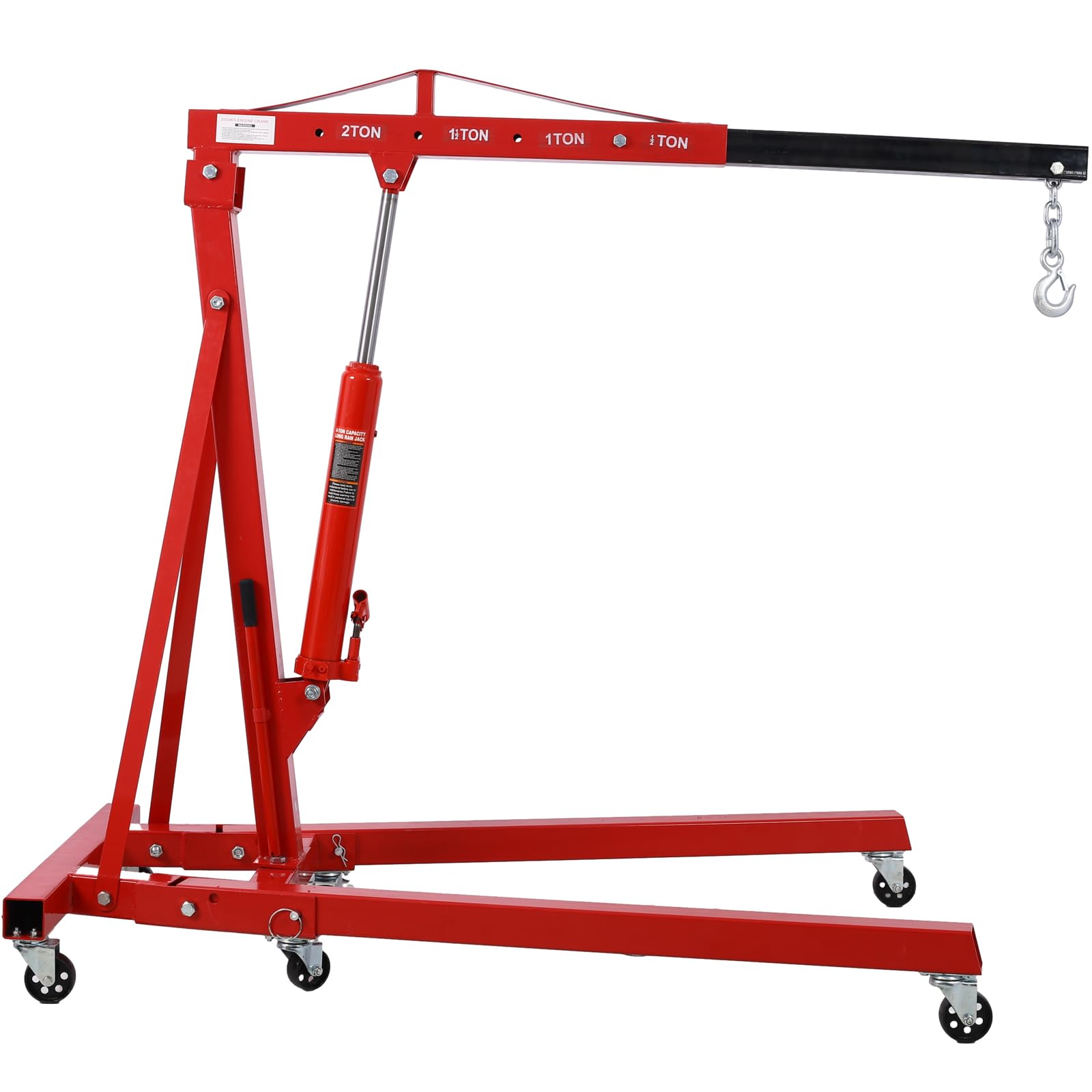 2 Ton Heavy Duty Folding Engine Hoist Crane - Steel Car Motor Lifter with 6 Iron Caster Wheels (Red) - Perfect for Auto Repair Shops, Home Garages & DIY Vehicle Maintenance
