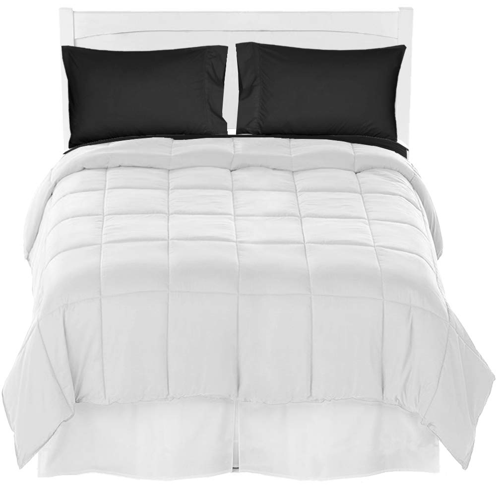 Bare Home Full XL Comforter Set with Premium Ultra-Soft Brushed Microfiber - Includes Comforter, Sheet Set & Bed Skirt (White/Black/White) - Perfect for Guest Rooms, Dormitories & Cozy Bedroom Makeovers