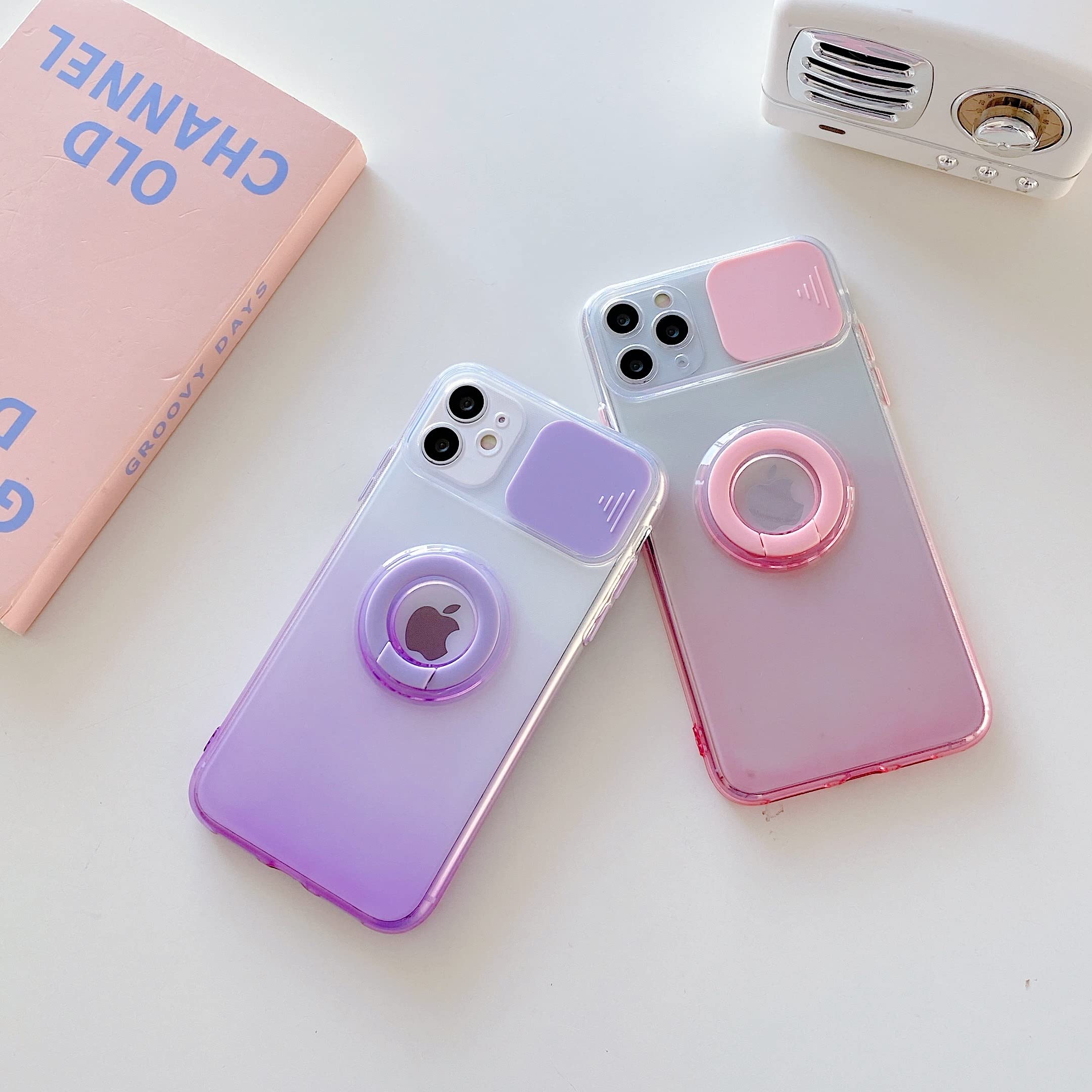 Gradient Color Crystal Case for iPhone 11 Pro Max - Soft TPU Silicone Shockproof Cover with Ring Holder, Slide Camera Lens Protection & Stand | Stylish Protective Phone Case for Everyday Use, Work & Travel