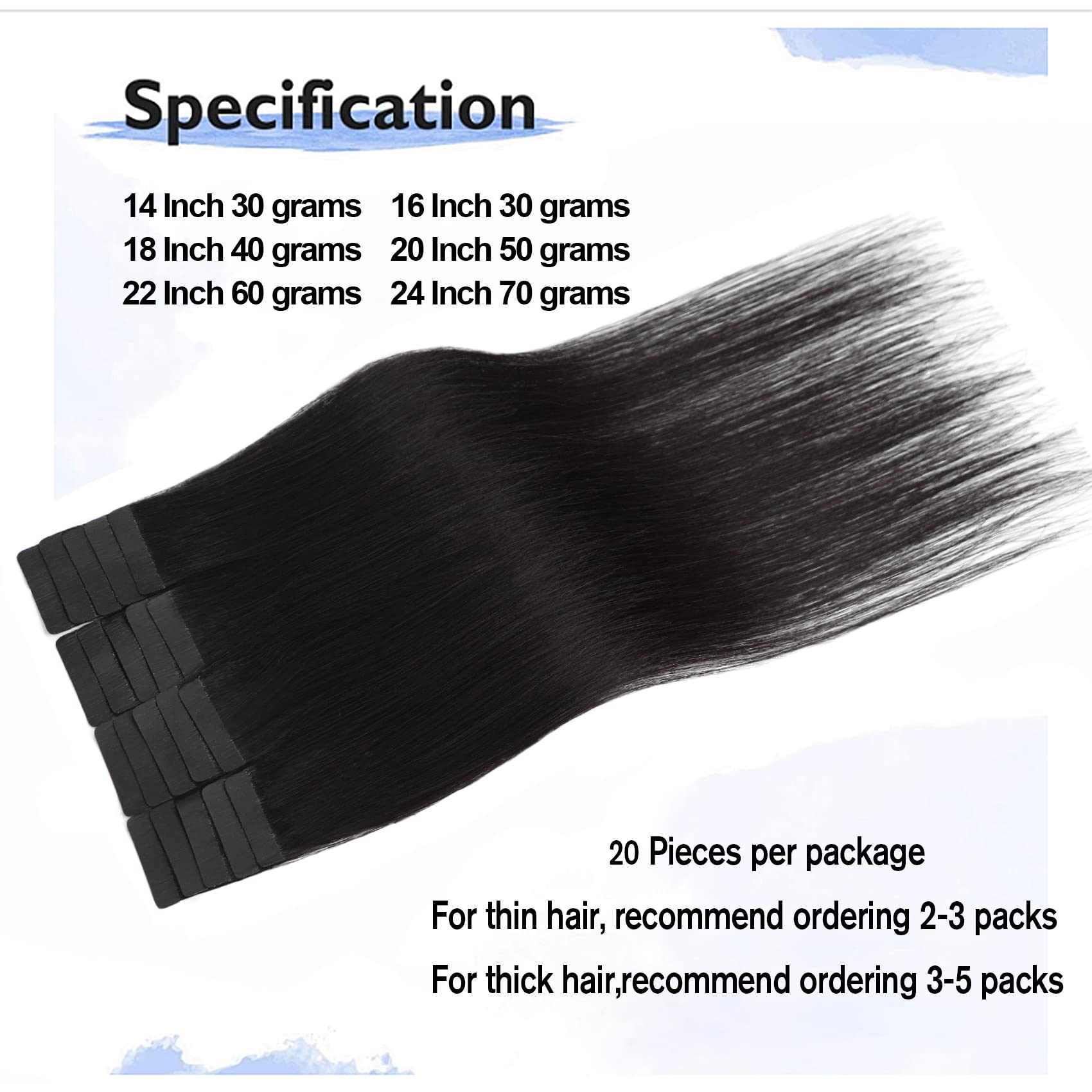 Aison 22-Inch Human Hair Tape in Extensions - 60g, 20-Piece Pack, Natural Black, Silky Straight - Perfect for Daily Wear, Parties & Special Occasions