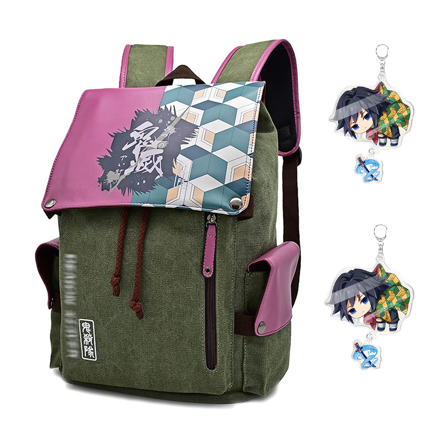 Demon Slayer Anime Backpack for School & College - Tanjiro, Nezuko, Tomioka & Zenitsu Checkered Design with Keychain - Perfect for Cosplay, Conventions & Daily Use