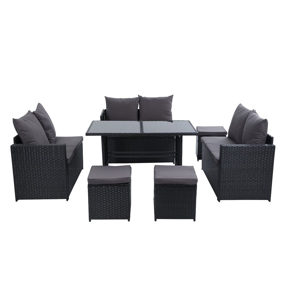 9-Piece Black Wicker Outdoor Lounge Set with Storage Cover - Perfect for Patio, Garden, and Poolside Relaxation