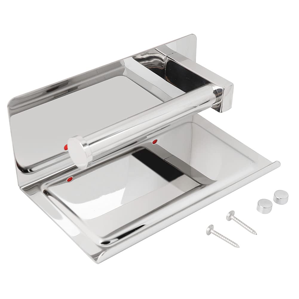 Stainless Steel Bathroom Roll Paper Holder & Towel Storage Rack with Phone Holder - Toilet Tissue Shelf & Paper Towel Organizer for Modern Bathroom, Kitchen, and Office Use