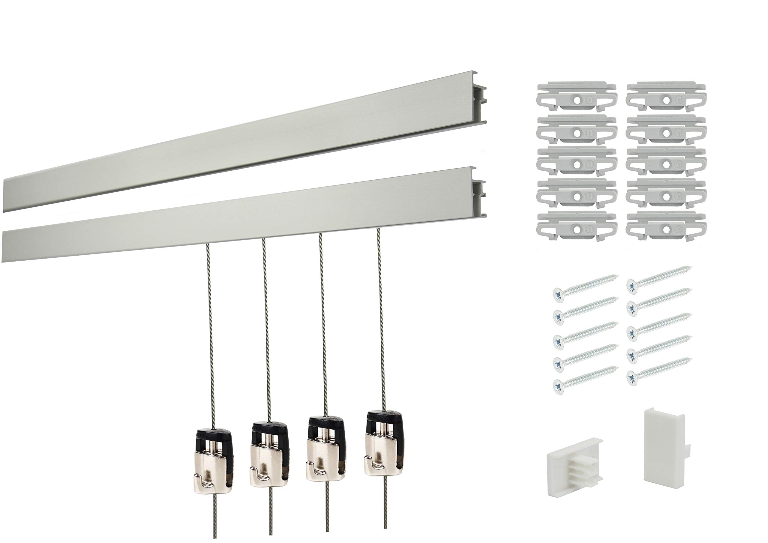 Shades Superior Heavy Duty Picture Hanging System Kit - 4 Matte Silver Rails, 8 Hooks & Steel Cables - Secure Wall Art Display for Home & Office Decor
