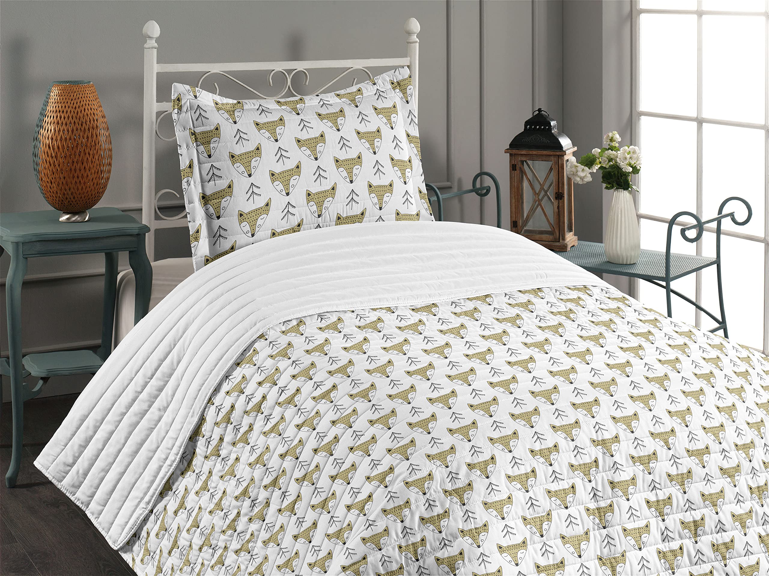 Ambesonne Cartoon Microfiber Twin Bedspread Set - Doodle Style Forest Animals with Hand Drawn Fox & Trees - Soft Bedding Comforter & Pillow Sham - Beige Black White - Perfect for Kids Room, Nursery or Cozy Bedroom Decor