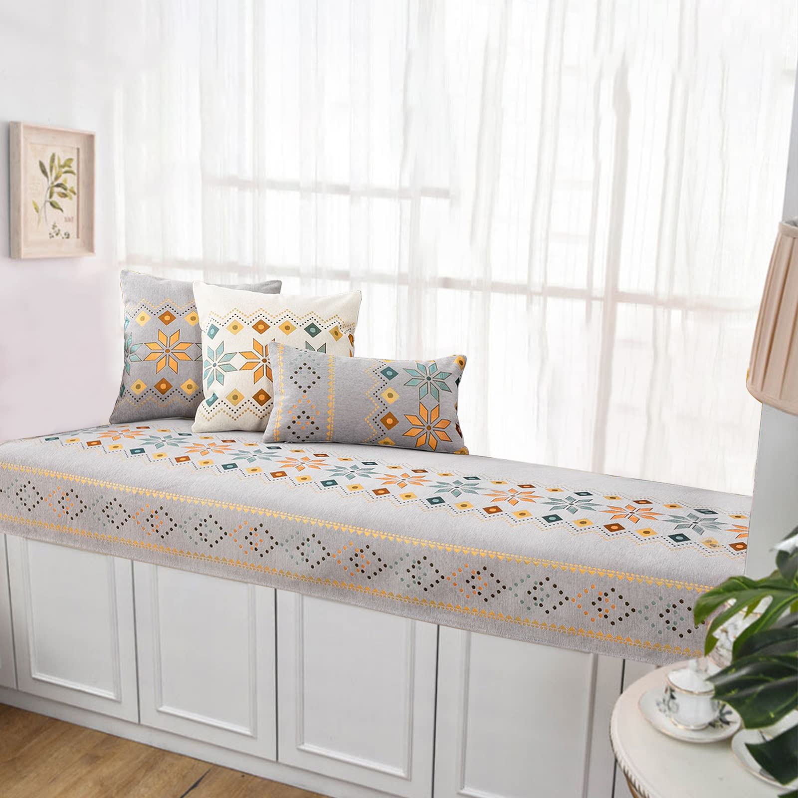 **Boho Chenille Bay Window Cushion - Non-Slip Window Seat Pad for Indoor Sofa, Bench & Windowsill - Bohemian Home Decor for Bedroom, Living Room & Cozy Reading Nook**