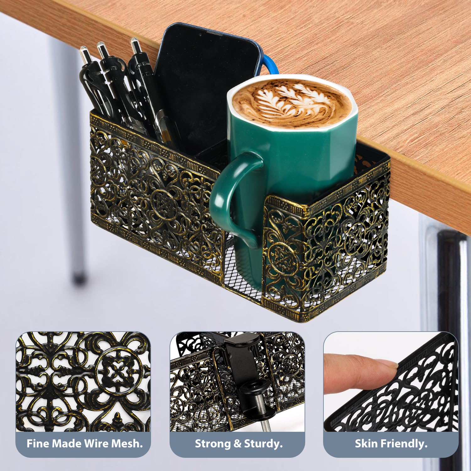 Clip-On Desk Organizer - Multi-Purpose Cup Holder, Pencil & Phone Holder for Office, School & Home - Perfect for Beverages, Stationery & Smartphone Storage