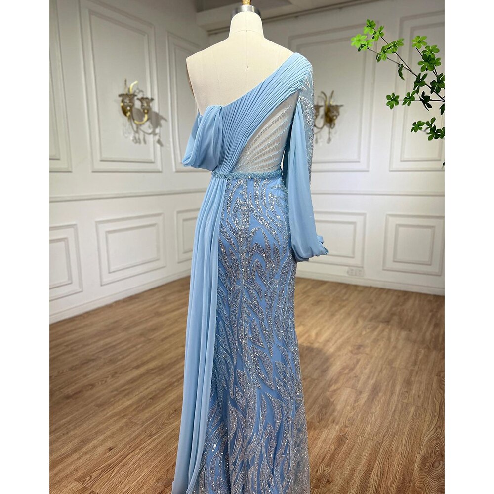 Elegant Blue Beaded Mermaid Evening Dress for Women - Long Arabic Formal Gown for Weddings, Parties & Special Occasions | Serene Hill LA72103