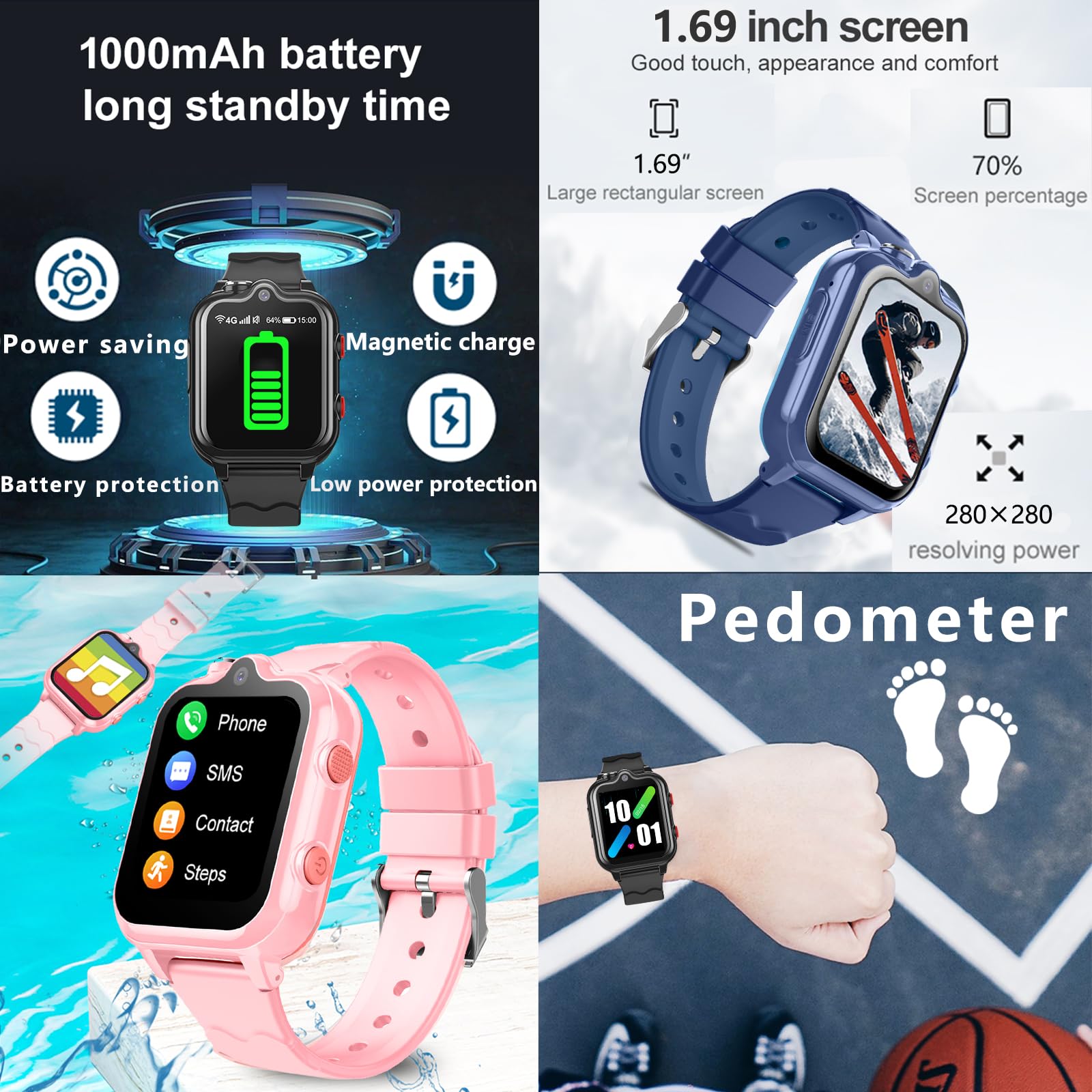 4G Kids GPS Smart Watch with WiFi, SMS, Call & Video Chat - Bluetooth, Pedometer, Alarm & Audio Recorder | Christmas & Birthday Gift for Ages 4-16 | Perfect for School Safety & Parent-Child Communication