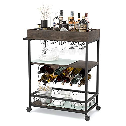 NA Industrial Kitchen Island Serving Cart with Brake Wheels - Heavy Duty Utility Storage Trolley with Wine Rack, Glass Holder & Metal Frame - Perfect for Home Bar, Restaurant & Commercial Use