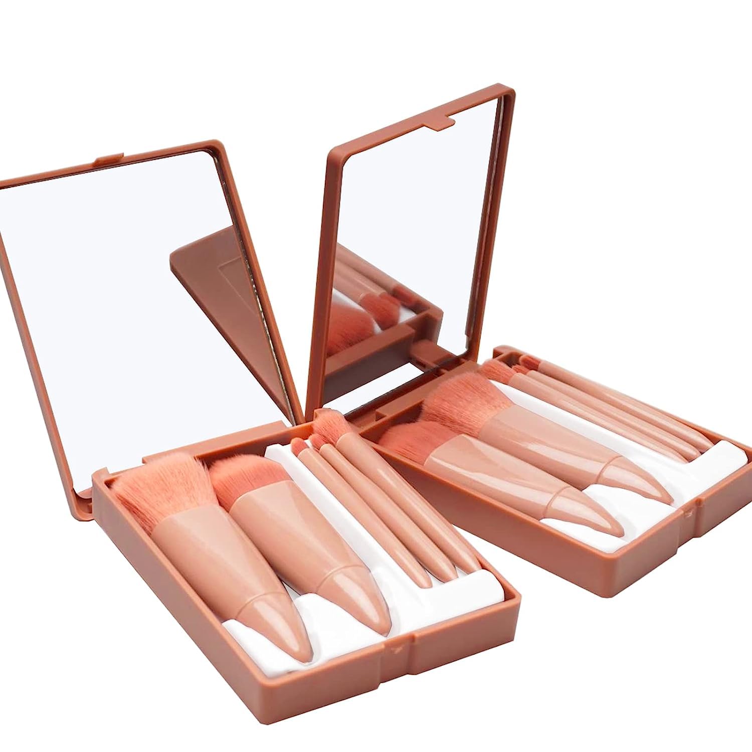 Bhavyam Travel Makeup Brush Set with Mirror for Women & Girls - Portable Cosmetic Brush Kit with Small Plastic Mirror (Shape 2) - Perfect for On-the-Go Makeup & Travel Essentials
