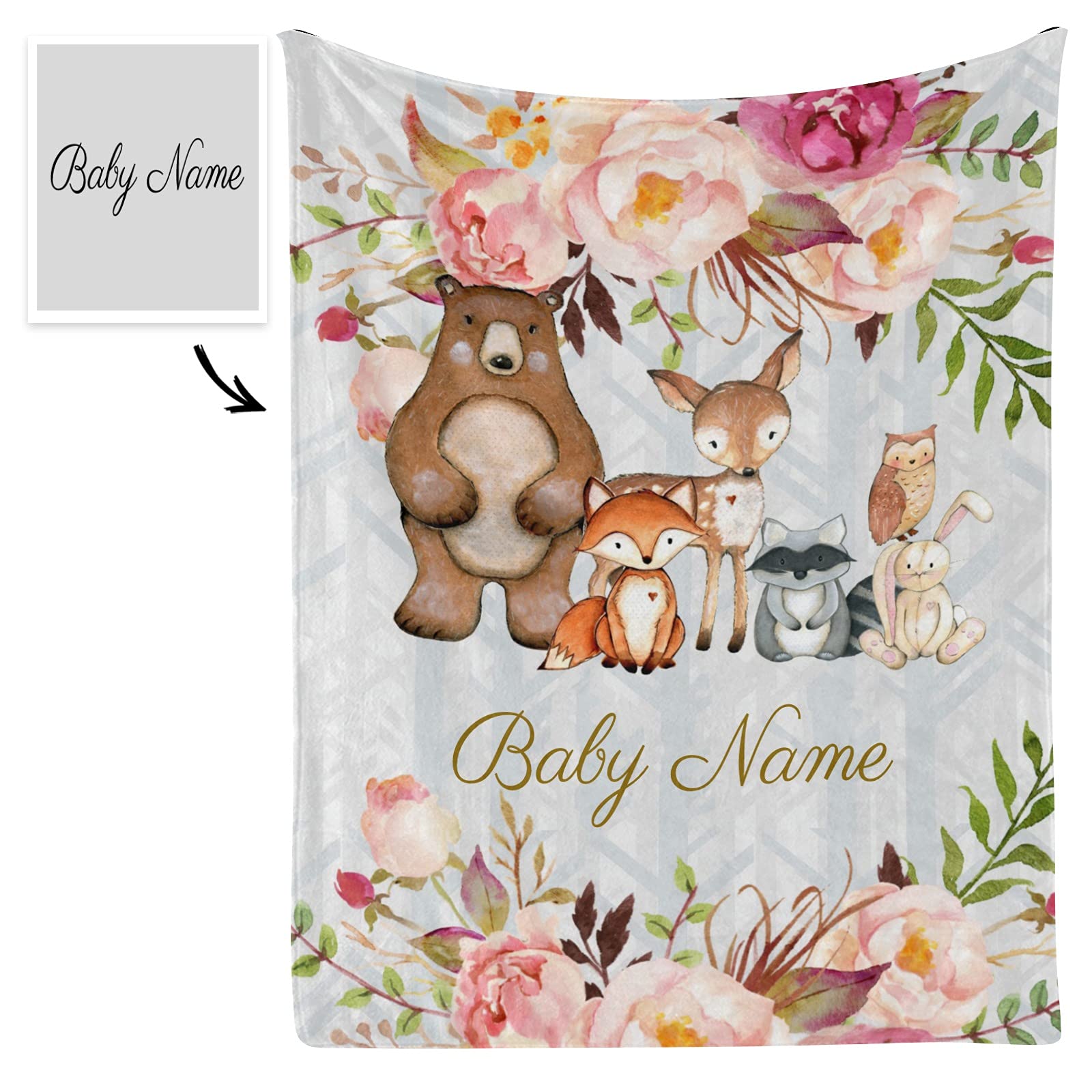 Personalized Floral Woodland Forest Animals Baby Blanket - Custom Bear Fox Deer Fleece Blanket for Boys & Girls - Super Soft 30x40 Inch Baby Shower, Birthday, Wedding Gift - Perfect for Nursery, Travel & Photo Shoots