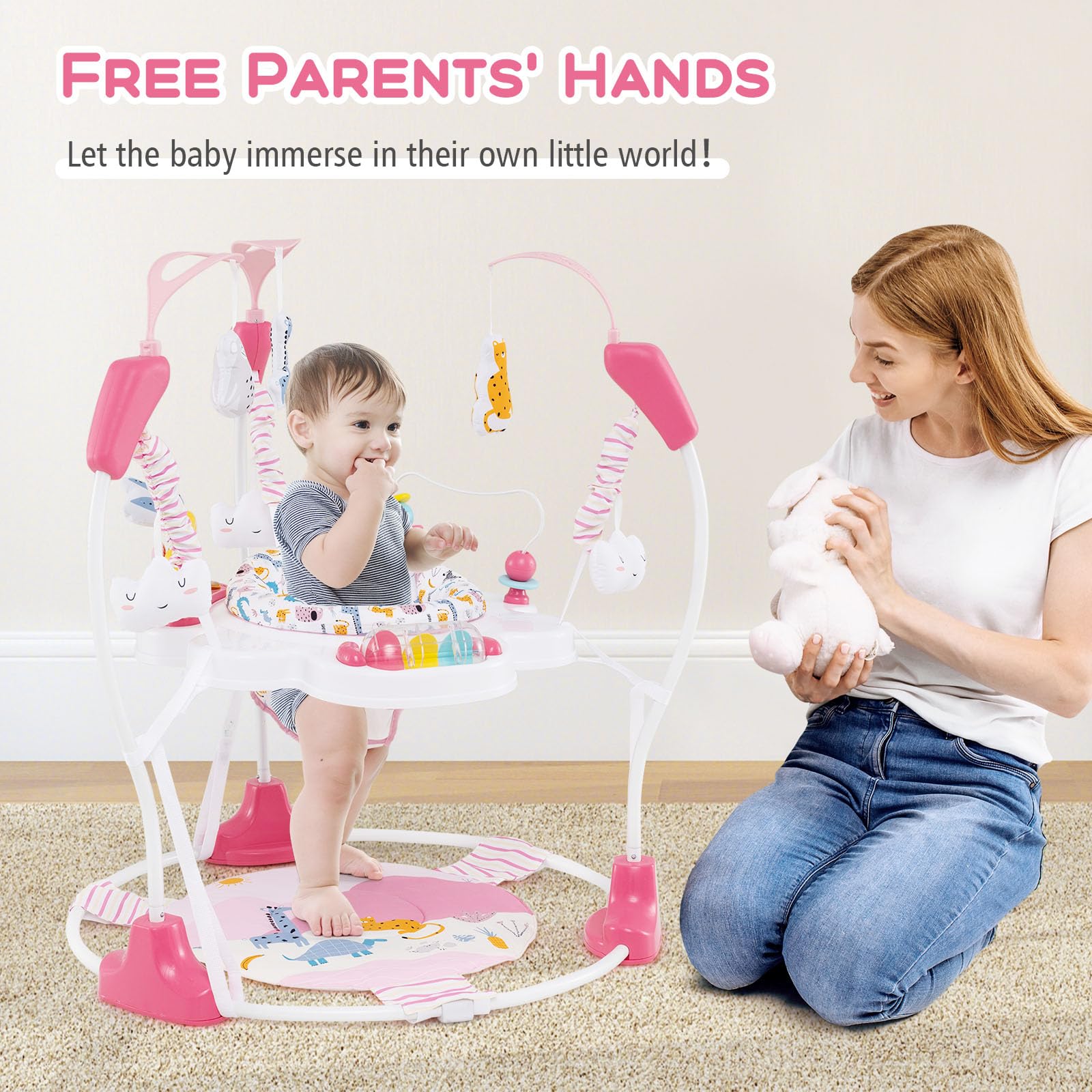 INFANS 3-in-1 Baby Activity Center with Music, Lights & Interactive Toys - 360° Rotating Seat, 3 Height Adjustments - Exersaucer Learning Toy for Infants 6-12 Months (Pink) - Perfect for Playtime, Early Development & Safe Bouncing Fun at Home