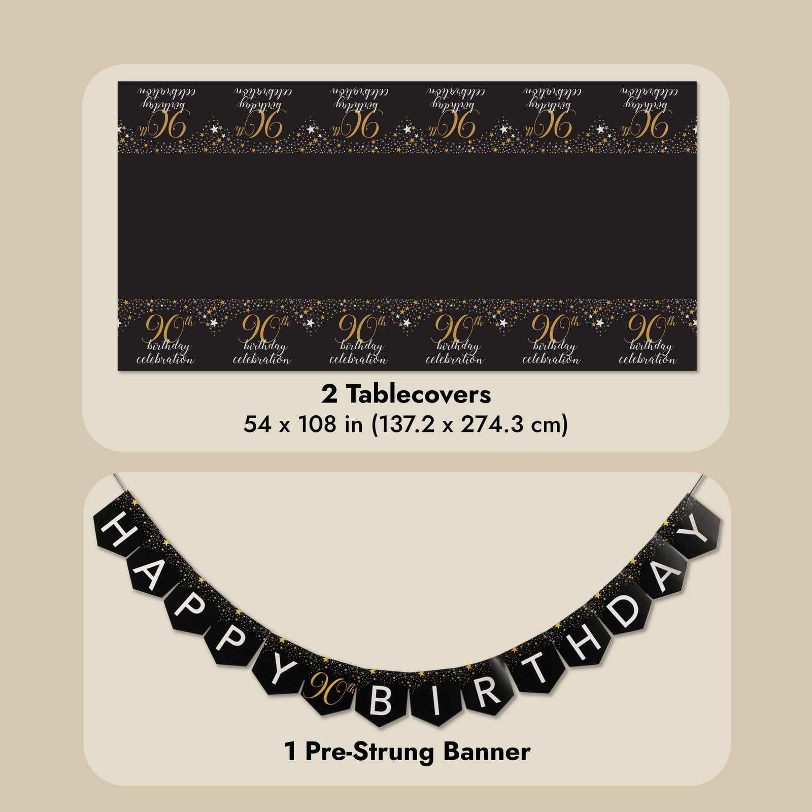 Sparkle and Bash 90th Birthday Party Supplies Kit - 24-Person Black & Gold Decor Set with Plates, Napkins, Cups, Tablecloths & Banner | Perfect for Milestone Celebrations, Retirement Parties & Golden Anniversary Decorations