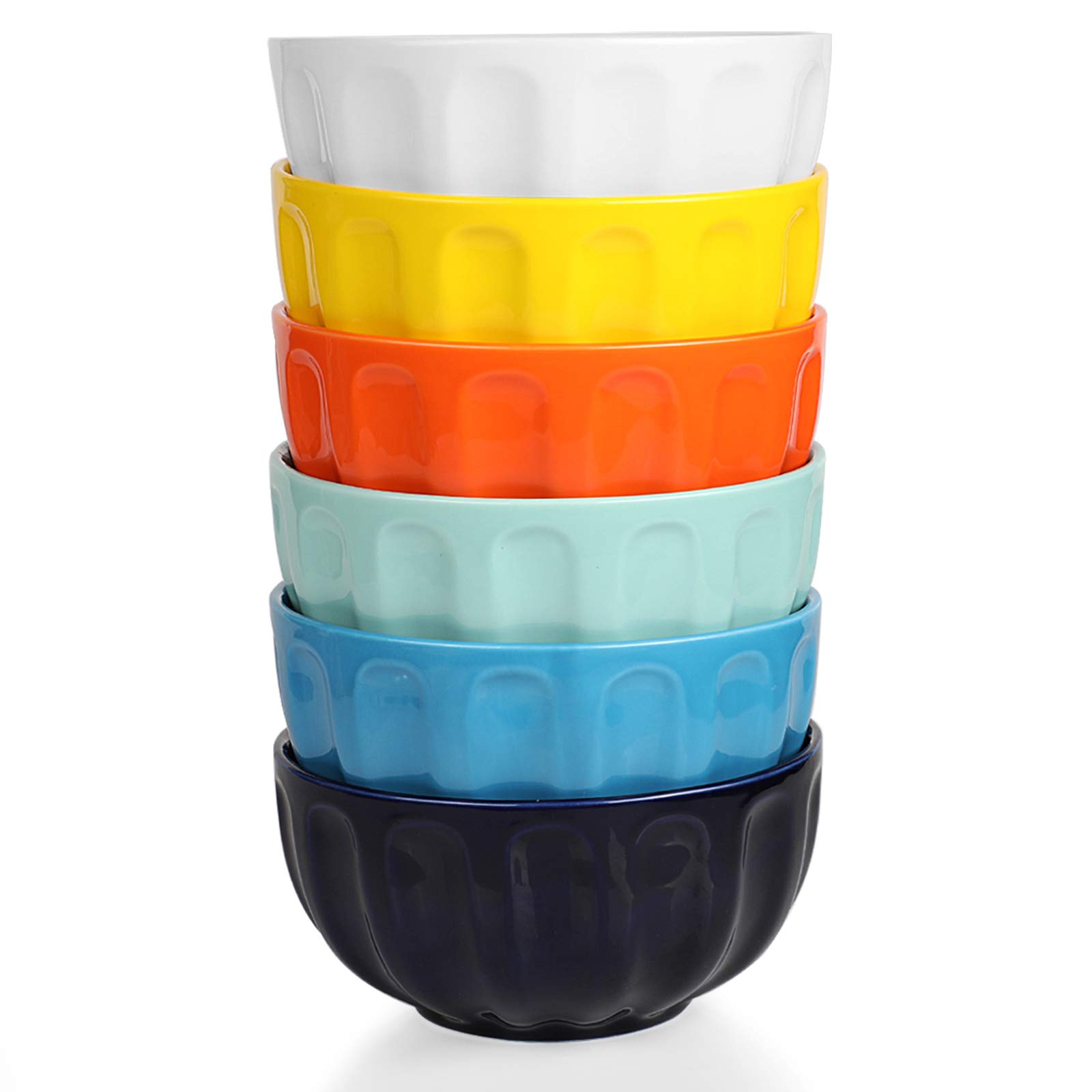 amhomel 26oz Porcelain Deep Bowls Set of 6 - Microwave & Dishwasher Safe Fluted Cereal Bowls for Soup, Salad, Rice, Ramen - 6 Inch Colorful Serving Bowls for Family Dining & Entertaining