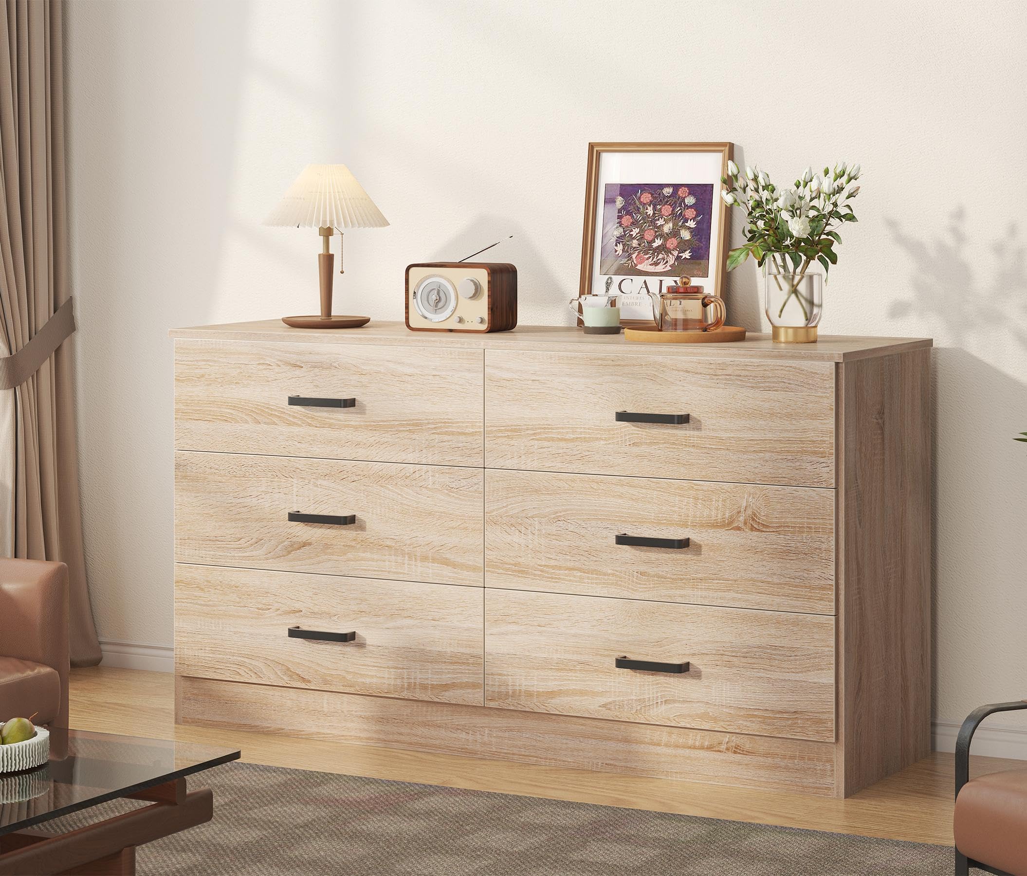 Bigbiglife 6-Drawer Double Dresser for Bedroom - Modern Chest of Drawers with Deep Storage, Large Dresser TV Stand Organizer for Living Room & Closet - Light Oak Finish | Perfect for Bedroom Storage, Living Room TV Stand & Closet Organization