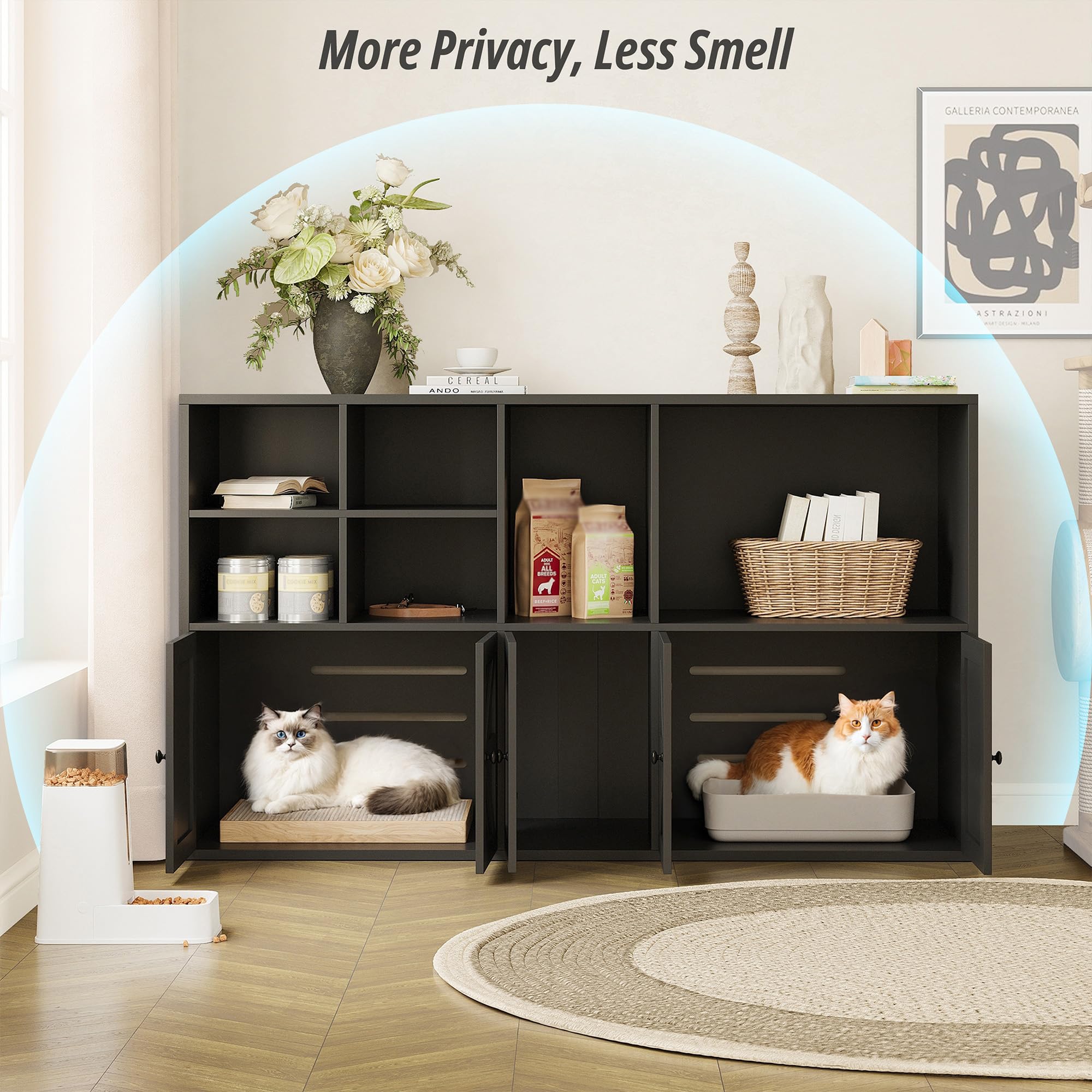 IRONCK Wooden Cat Litter Box Enclosure Furniture for 2 Cats - Double Room Hidden Litter Box with Large Storage Space, Cat Washroom House (Black) - Perfect for Home, Apartment & Multi-Cat Households