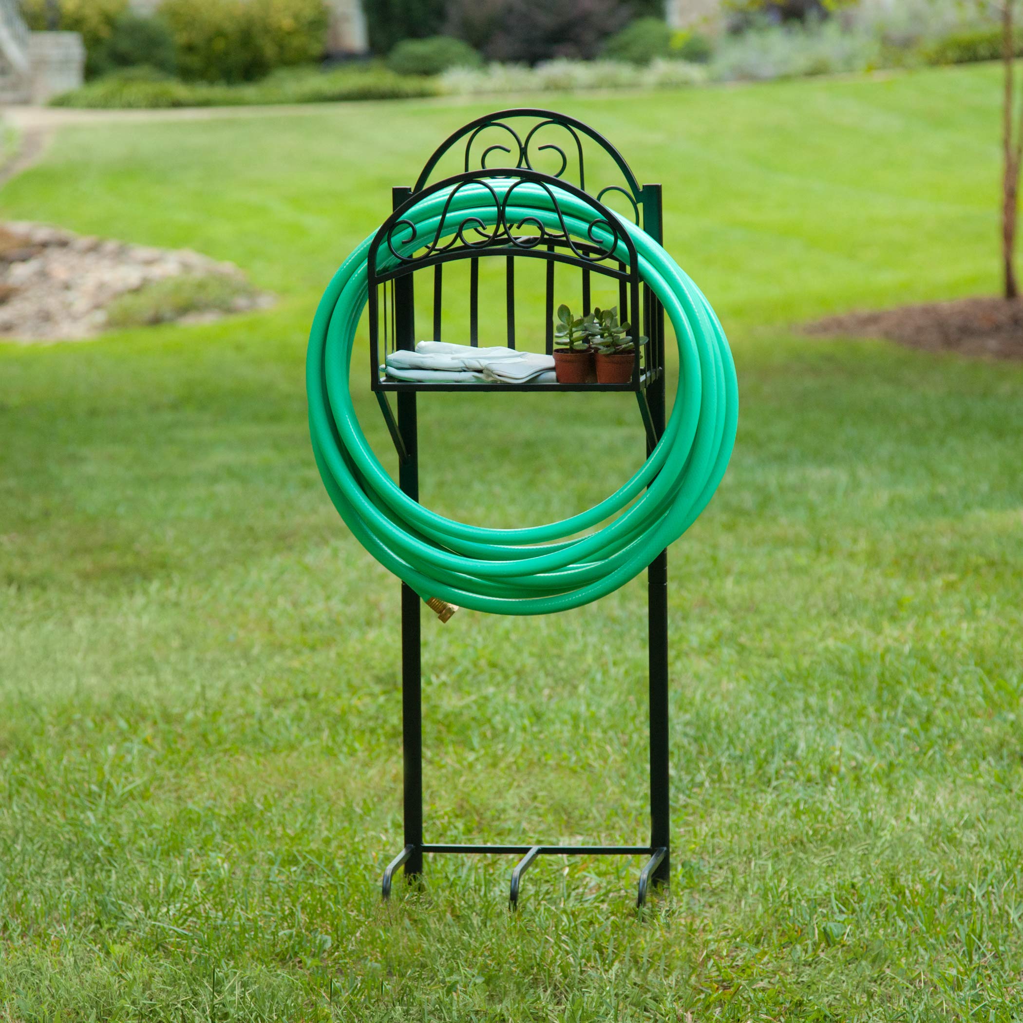 Liberty Garden 119-KD Black Hose Stand with Shelf - Heavy Duty Outdoor Garden Hose Holder for Yard, Lawn, and Patio Use