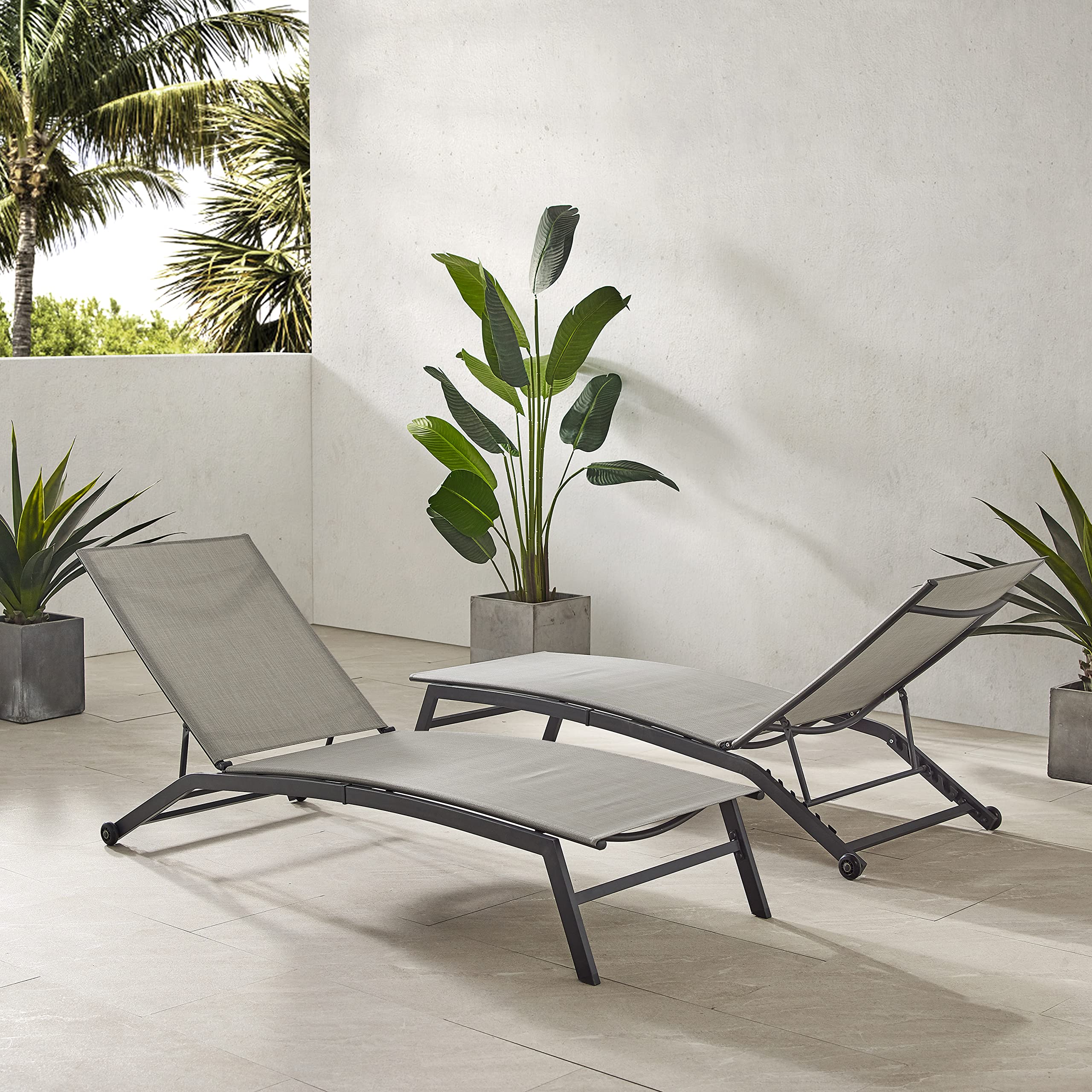 Crosley Weaver 2-Piece Reclining Mesh Outdoor Chaise Lounge Chair Set with Wheels - Patio Furniture, Poolside Relaxation, Backyard Lounging - Matte Black & Light Gray - Durable Weather-Resistant Design for Outdoor Comfort