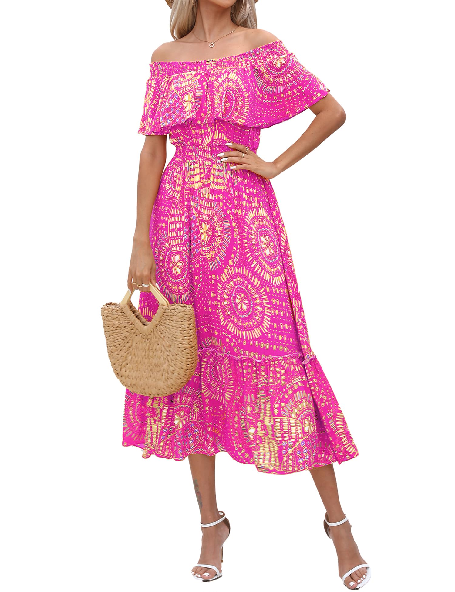 Prettywear Women's 2025 Spring Summer Boho Off Shoulder Midi Dress - Floral Print Short Sleeve A-Line Casual Beach Dress for Vacation, Party & Date Night