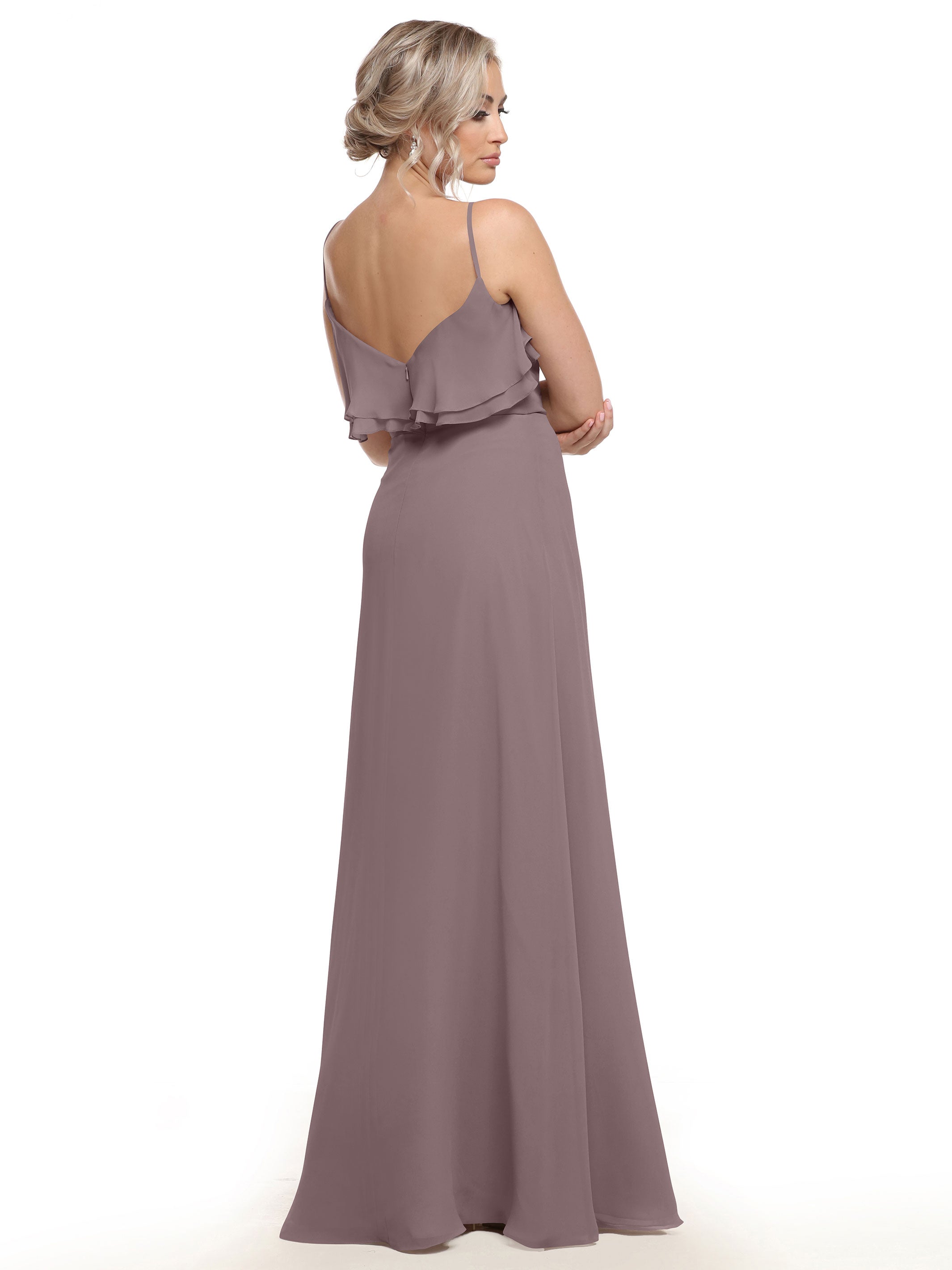 Elegant 80146 Chiffon Bridesmaid Dress with Ruffled Neckline - Perfect for Weddings, Formal Events & Special Occasions