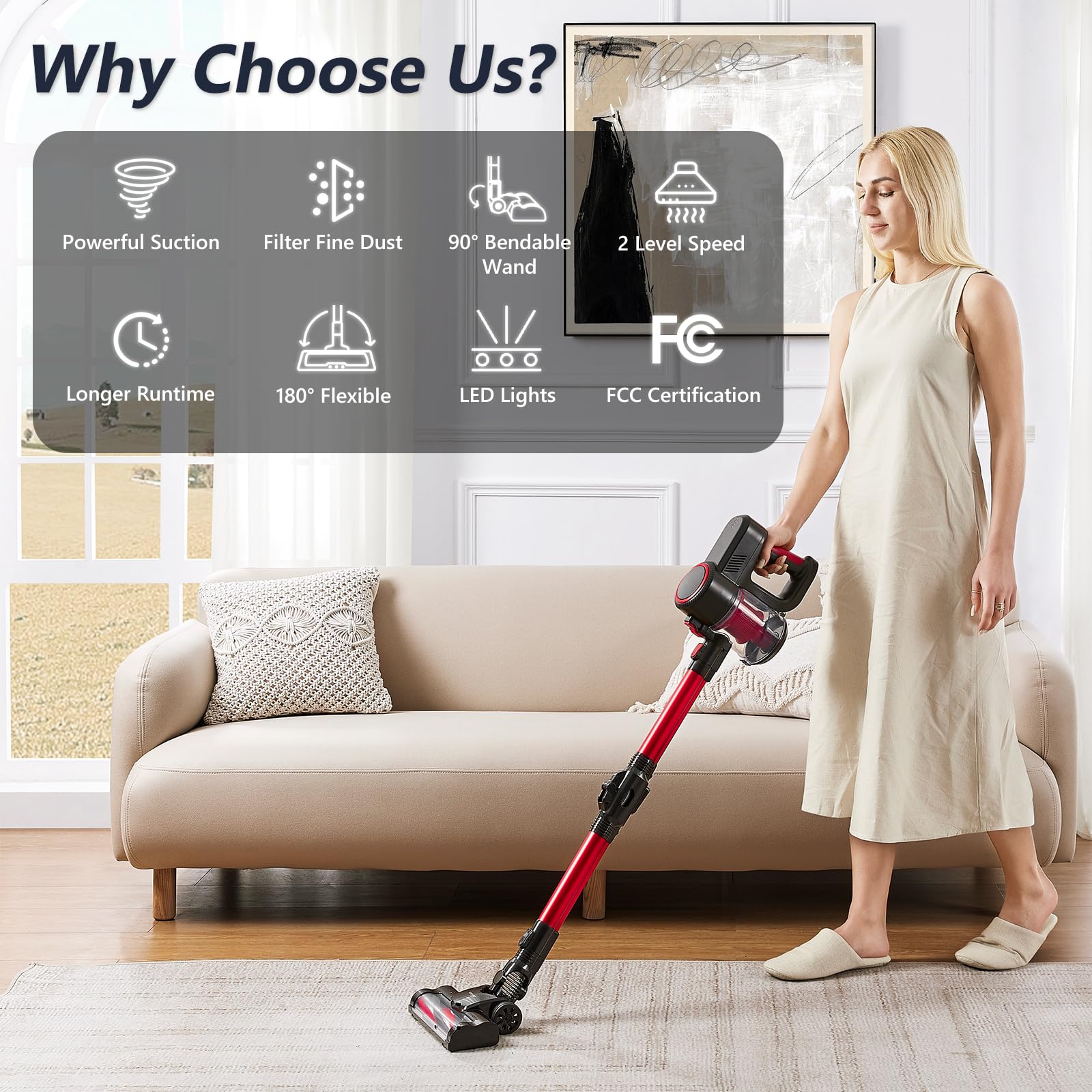 Powerful Cordless Stick Vacuum Cleaner with 2000mAh Battery - 40Min Runtime, 4-in-1 Lightweight Handheld Vacuum for Hardwood Floors, Carpets & Pet Hair - Perfect for Home Cleaning & Pet Owners
