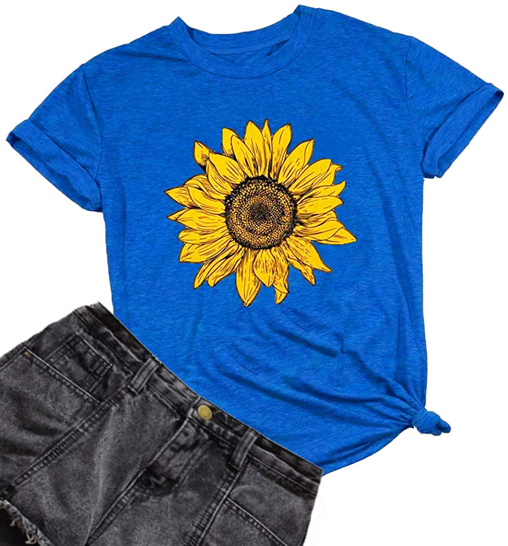 Women's Summer Sunflower Graphic T-Shirt - Cute Floral Loose Fit Crew Neck Short Sleeve Casual Top for Beach, Vacation & Everyday Wear