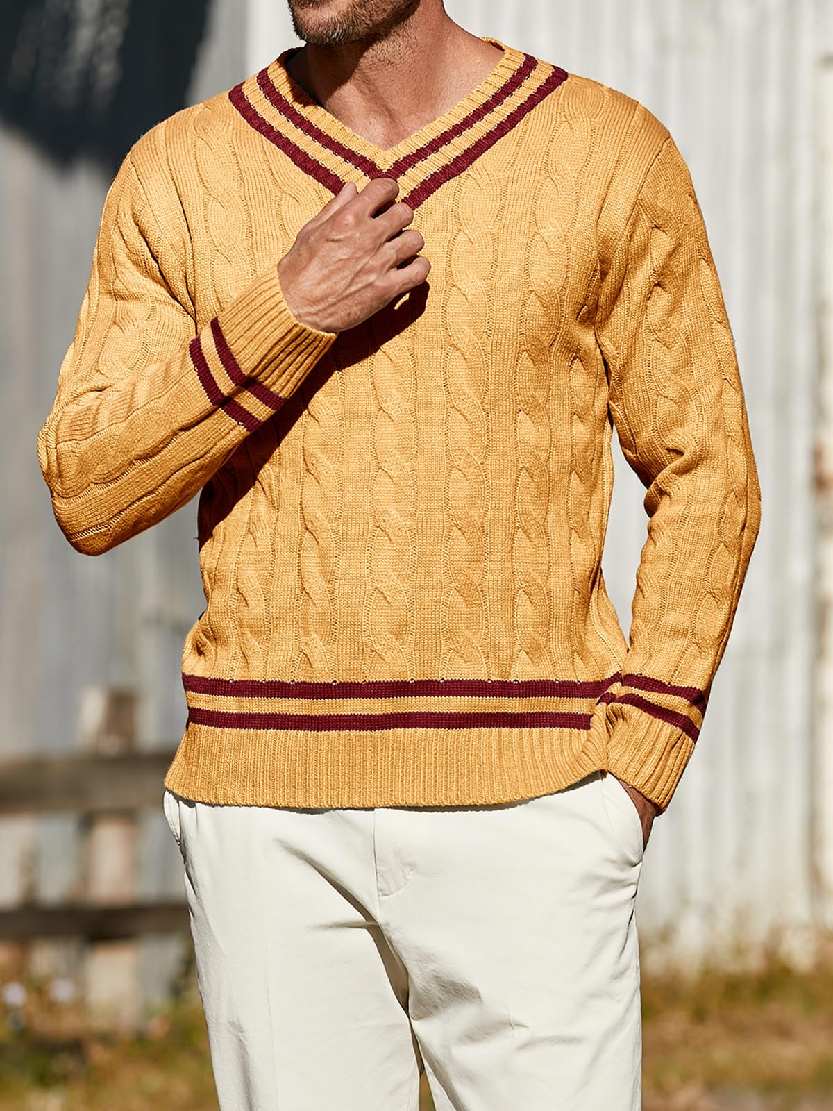 Makkrom Men's Slim Fit V-Neck Pullover Sweater - Ribbed Knit Cable Design for Casual & Business Wear - Perfect for Office, Dates & Winter Outfits