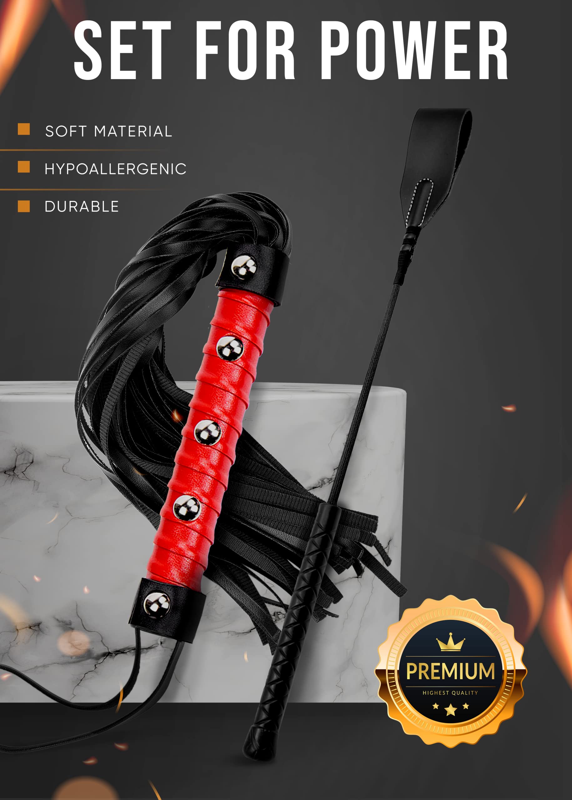 BDSM Starter Kit - Black Faux Leather Crop & Red Whip Set with Double Slapper, Adult Spanking Paddle & Flogger for Couples Play | Sensual Bondage, Roleplay & Kink Accessories for Bedroom Fun