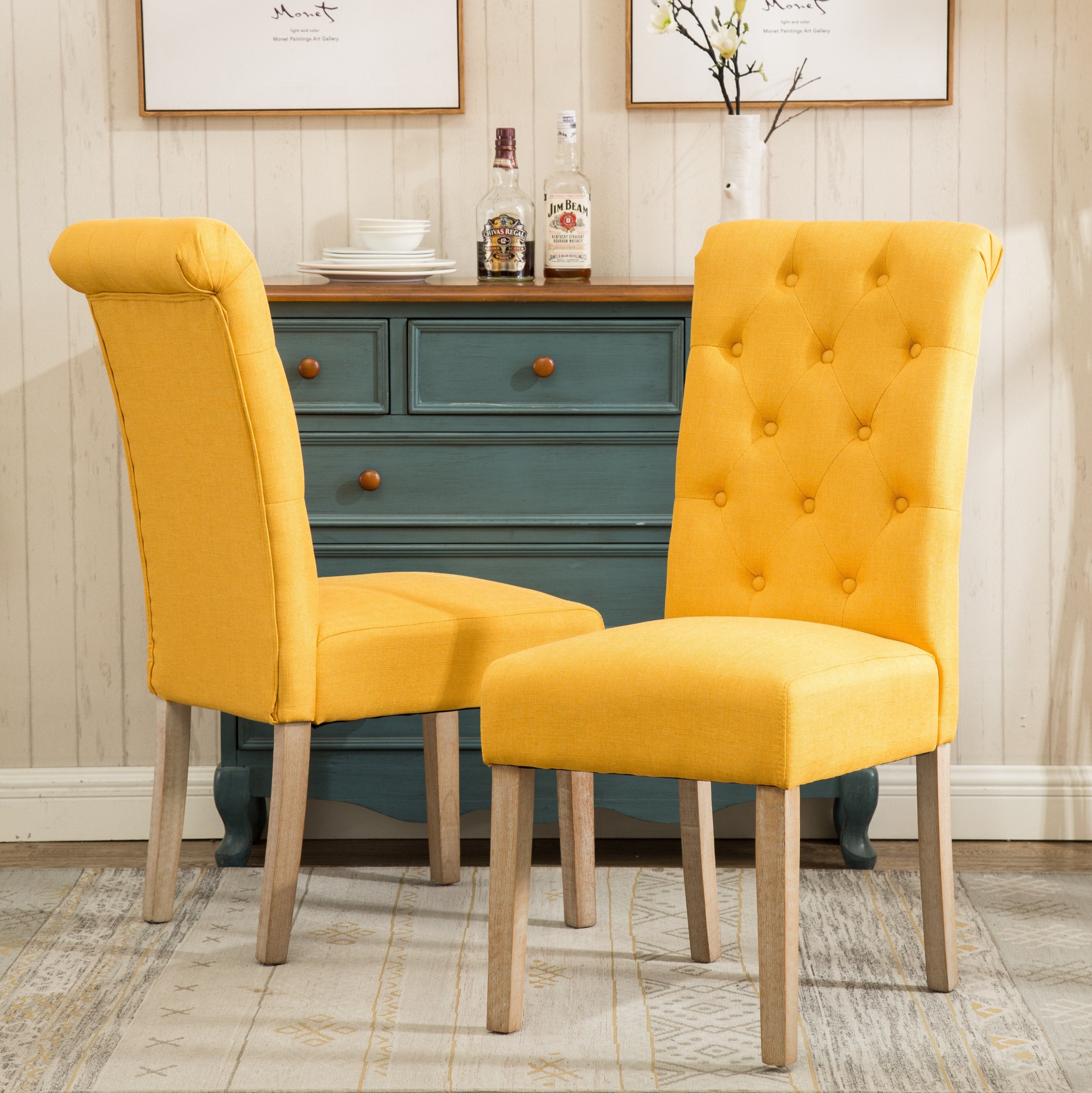 Roundhill Furniture Solid Wood Tufted Parsons Dining Chairs - Set of 2, Yellow - Modern Farmhouse Kitchen Chairs for Dining Room & Breakfast Nook