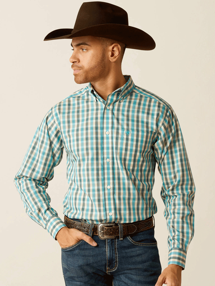 Ariat Men's Wrinkle-Free Gordie Fitted Shirt - Comfortable Teal Casual Button-Up for Work & Outdoor Activities
