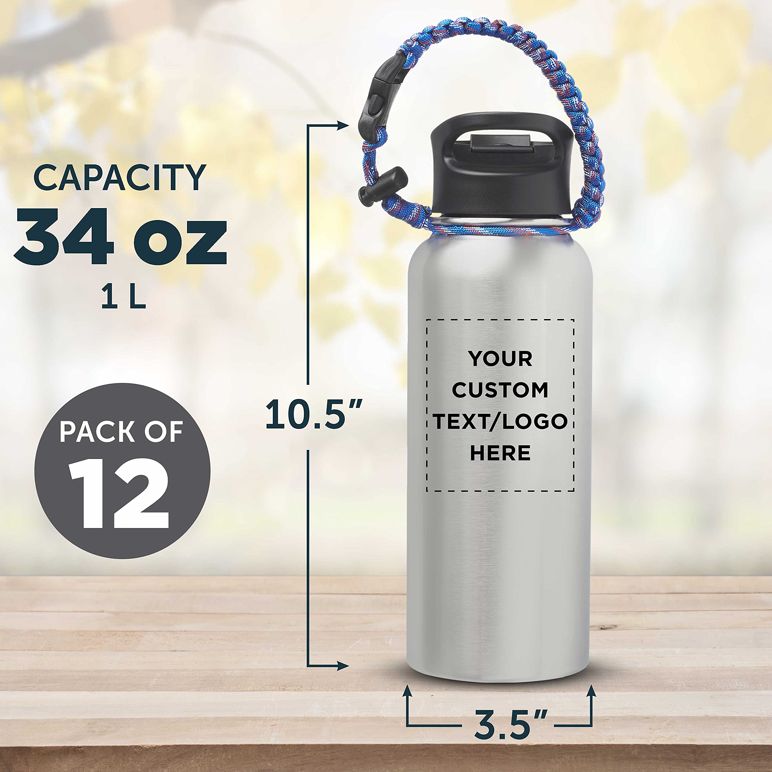 12 Pack 34oz Stainless Steel Water Bottles with Strap - Double Wall Vacuum Insulated, Custom Text & Logo - Silver - Perfect for Gym, Hiking, Office & Outdoor Activities