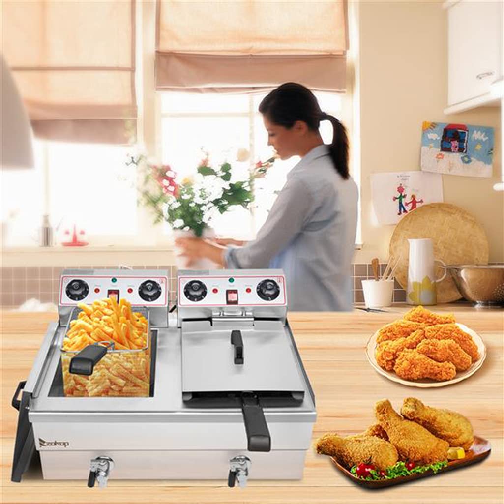 Commercial Stainless Steel Double Tank Electric Deep Fryer - 3400W 110V US Plug, 24.9QT/23.6L Capacity with 2 Baskets - Perfect for Restaurants, Food Trucks & Home Kitchens to Fry French Fries, Onion Rings, Chicken Wings & More