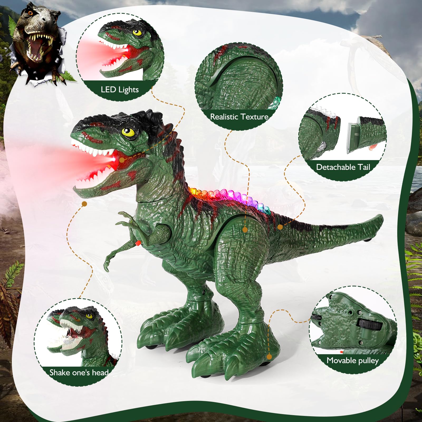 Remote Control Dinosaur Toy - 2.4GHz Rechargeable Walking Dinosaur with Realistic Roaring & Water Vapor Spray - Best Jurassic Gift for Boys Girls Ages 3-7 - Perfect for Birthday, Easter & Pretend Play Adventures