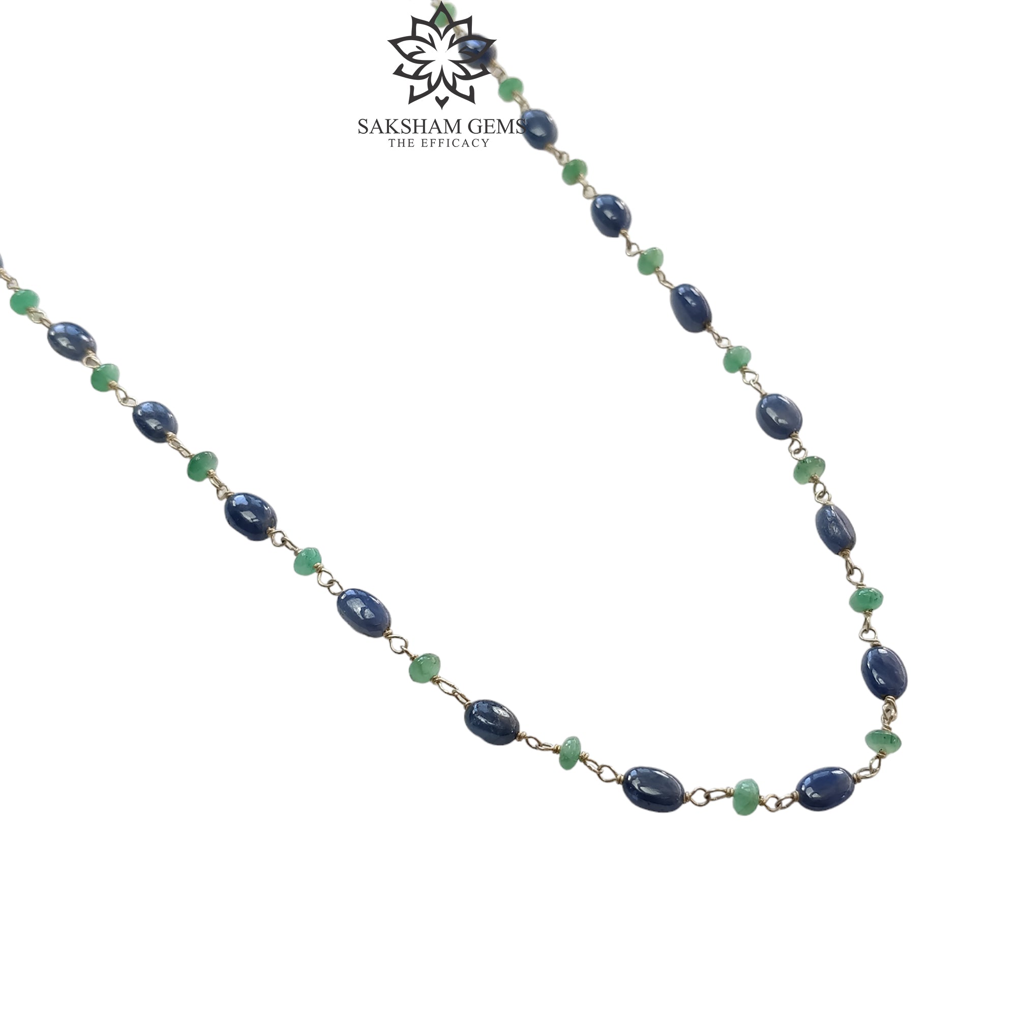 925 Sterling Silver Blue Sapphire & Green Emerald Natural Gemstone Oval Cut Beads Necklace (8.00gms, 18