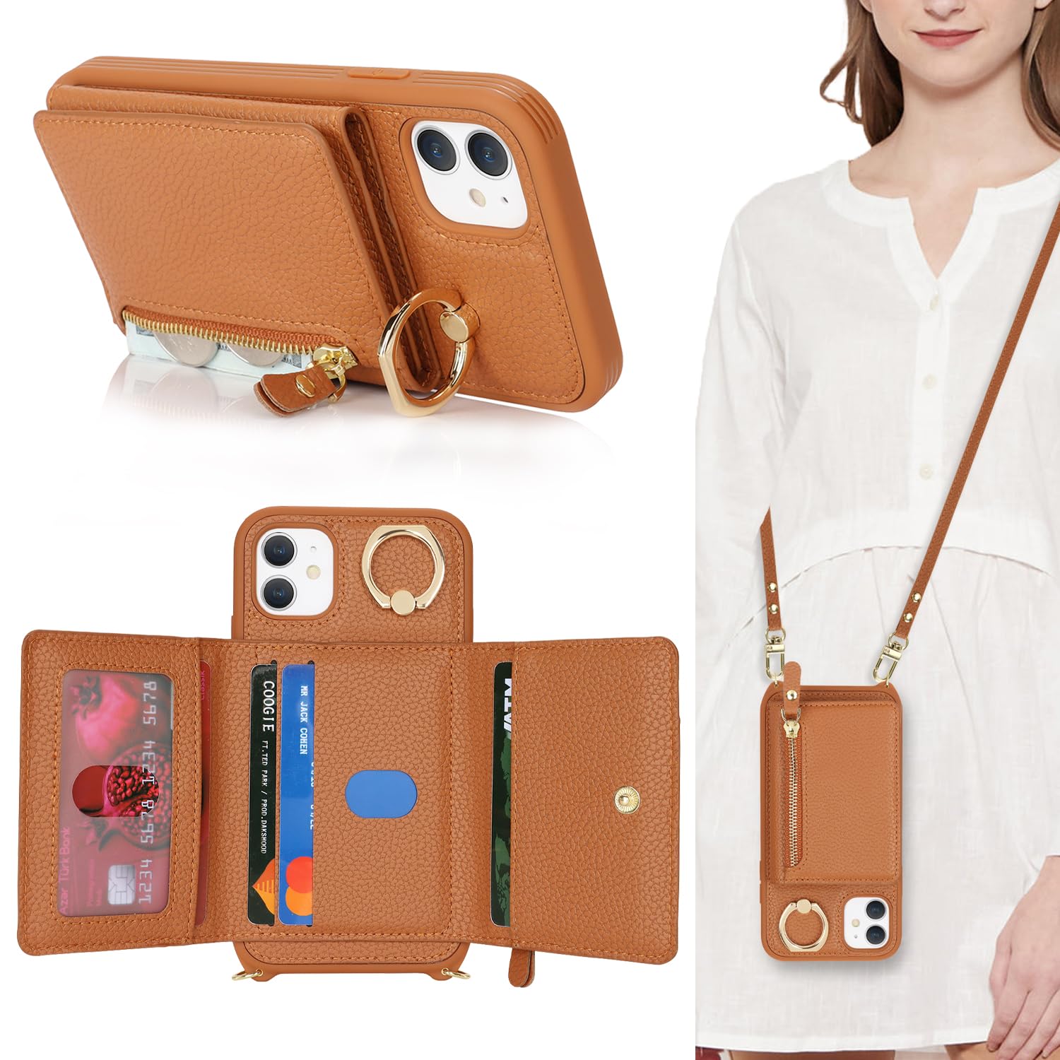 **Premium Leather iPhone 11 Wallet Case with Card Holder, Crossbody Strap & Stand Ring – Zipper Pocket Design for Women (Brown) – Perfect for Travel, Work & Everyday Use**