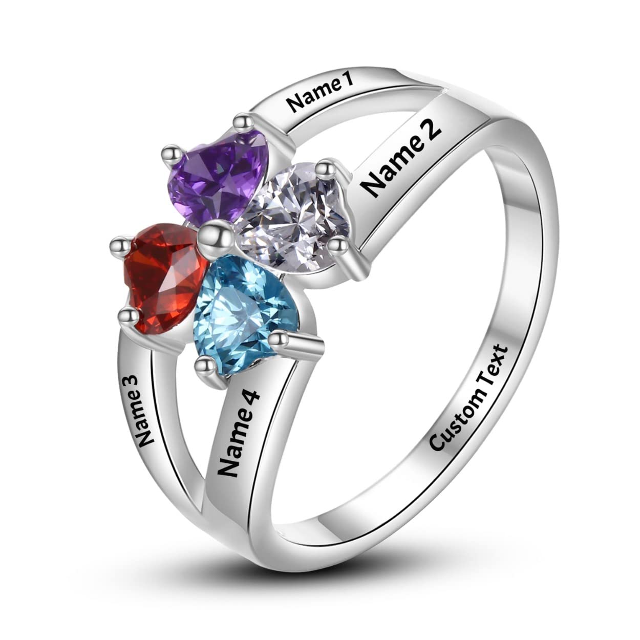 Birthstone Rings for Women - Sterling Silver Personalized Mother's Ring with 4 Children Birthstones | Custom Engraved Name Jewelry Gift for Mom, Daughter, Grandmother & Best Friend | Perfect for Mother's Day, Birthday, Anniversary & Family Celebrations