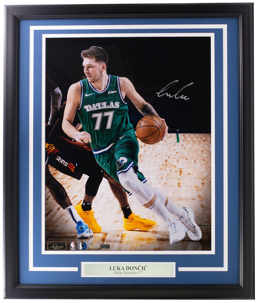 Luka Doncic Autographed Dallas Mavericks Logoman 16x20 Framed Photo - Panini Certified - Perfect for NBA Memorabilia Collectors & Sports Fans Decor