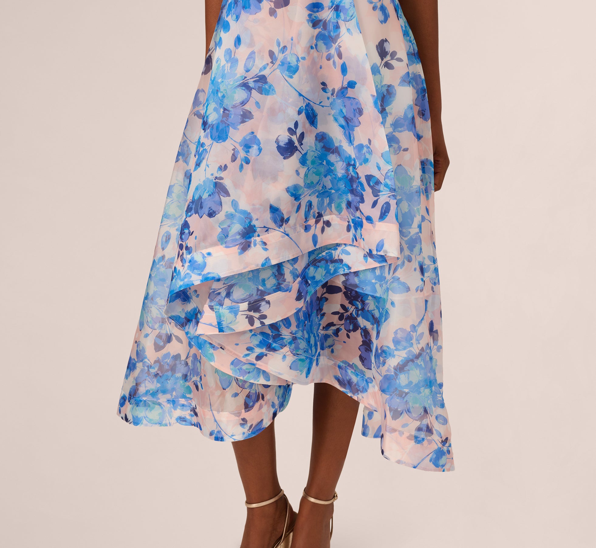 Elegant Sleeveless Floral Organza High-Low Dress in Blush Blue Multi - Perfect for Weddings, Parties & Special Occasions