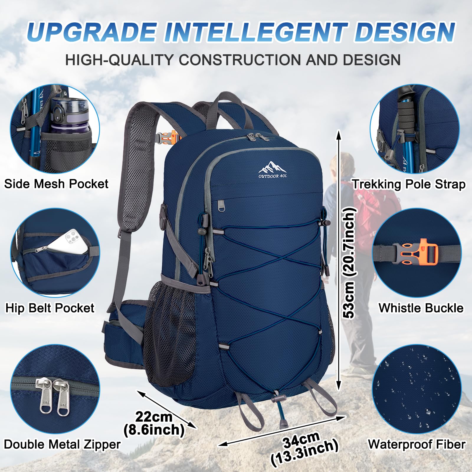 Lightweight 40L Hiking Backpack - Waterproof & Foldable for Camping, Travel (Men & Women)