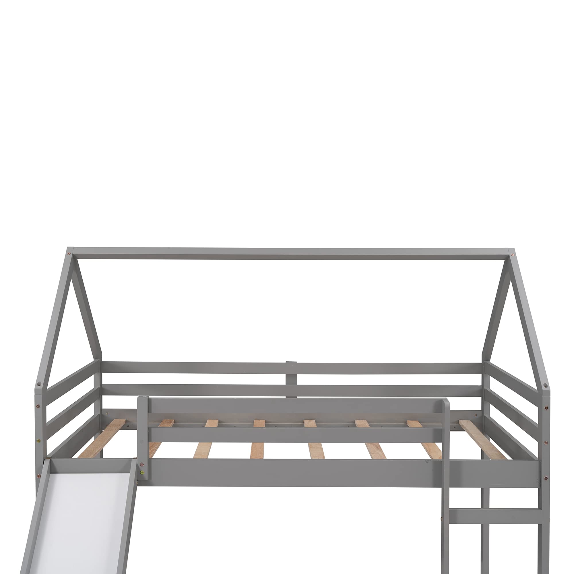 Twin Size Loft Bed with Slide - Kids House Bed with Roof & Ladder, Space-Saving Wooden Bed Frame, No Box Spring Needed (Gray) - Perfect for Small Bedrooms, Playrooms & Kids' Sleepovers