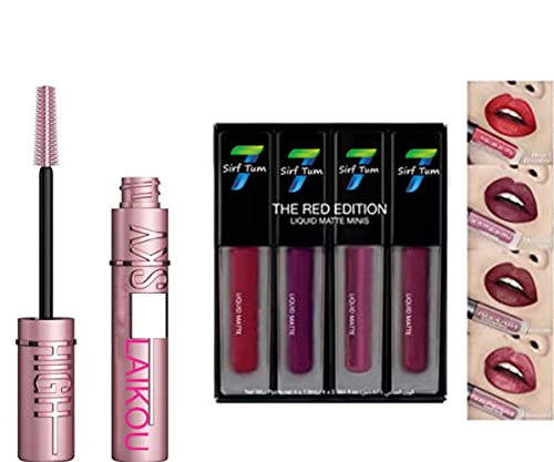 Professional Natural Look Sky High Volume Up Mascara & 4 Matte Lipstick Set - Red Edition (5-Piece Makeup Kit) for Bold Lashes & Long-Lasting Lips | Perfect for Daily Wear, Special Occasions & Professional Makeup Artists