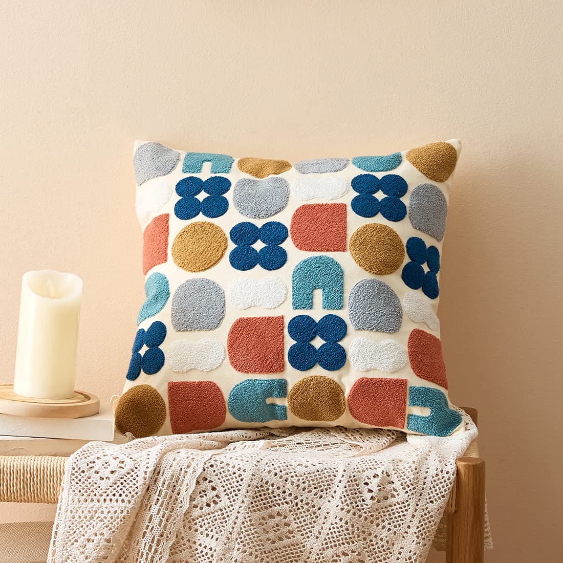 Boho Geometric Tufted Throw Pillow Cover 18x18 Inches - Farmhouse Cotton Embroidery Decorative Cushion Case for Sofa, Couch & Bed - Perfect for Living Room, Bedroom & Home Decor (EmbroideryK)