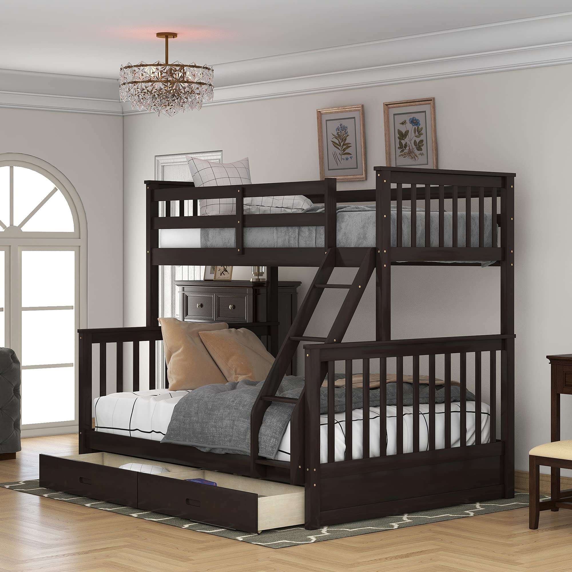 Harper & Bright Designs Twin Over Full Bunk Bed with Storage Drawers - Solid Wood Bunk Bed Frame with Ladder - Space Saving Kids Bedroom Furniture in Espresso Finish - Perfect for Shared Kids Rooms, Guest Rooms & Small Spaces