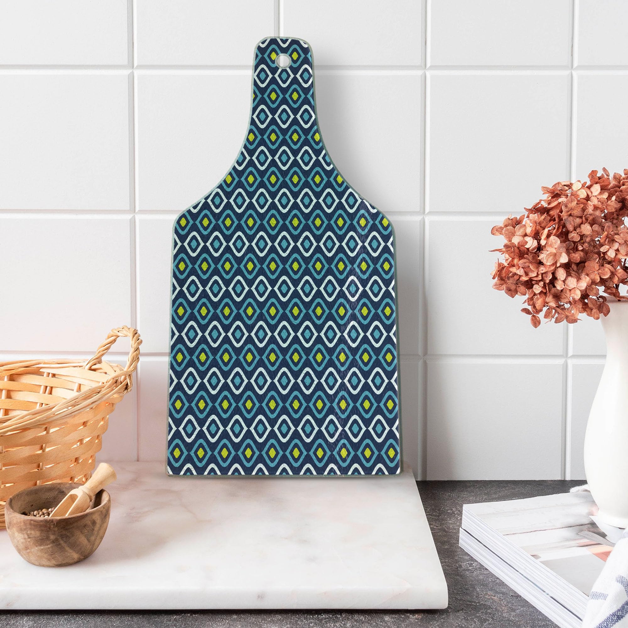 Ambesonne Navy Blue Tempered Glass Cutting Board - Abstract Leaf Design with Inner Circle Spots in Vibrant Yellow & White | Decorative Serving Board for Cheese, Charcuterie & Wine | Perfect for Kitchen, Dining & Entertaining