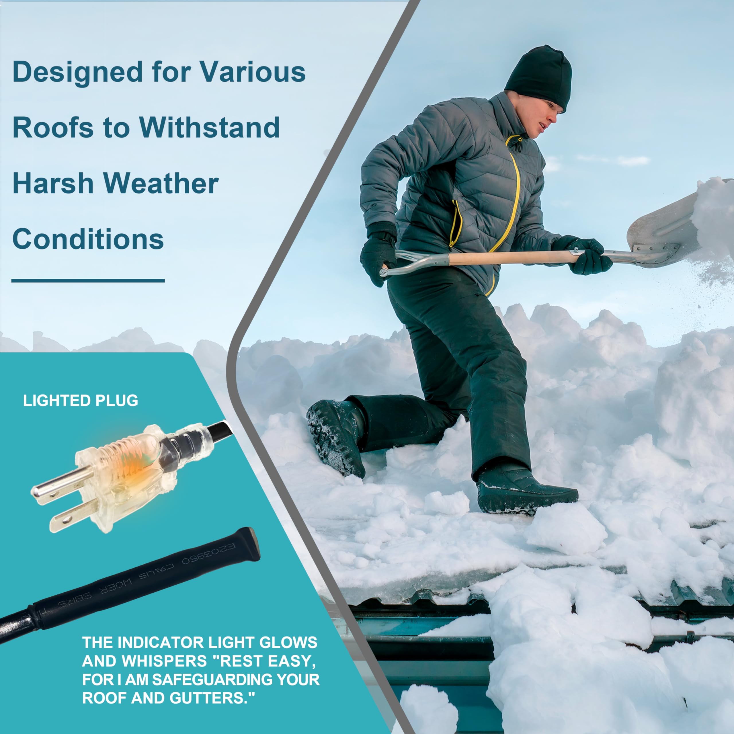 MAXKOSKO Self-Regulating Roof & Gutter Heat Cable - 80ft Electric De-Icing System (6W/Ft, 120V) with 10ft Cold Weather Power Plug - Snow Melting Solution for Winter Roof Protection | Perfect for Homes in Snowy Climates & Ice Dam Prevention